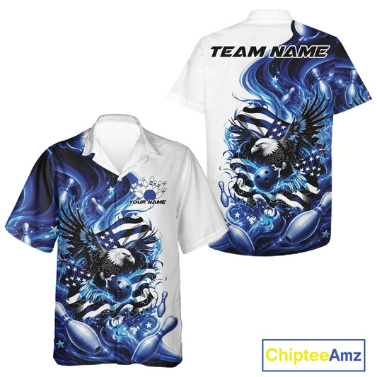 White and blue button up bowling shirt mockup shown front and back with eagle artwork, bowling elements, and flowing American flag inspired graphics.