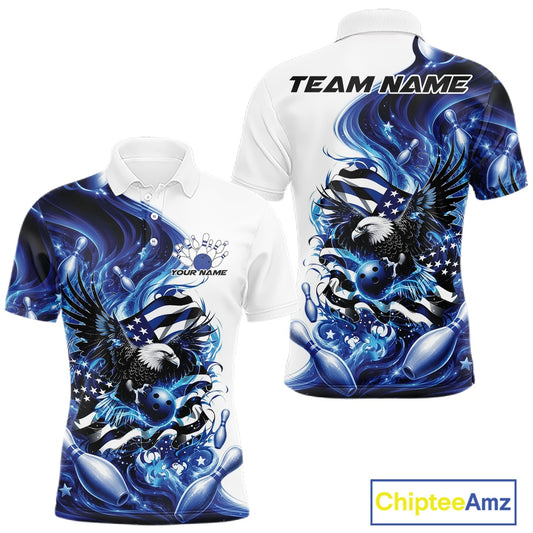 Front and back white and blue men’s bowling polo shirt mockup with eagle artwork, bowling elements, and flowing American flag inspired graphics.
