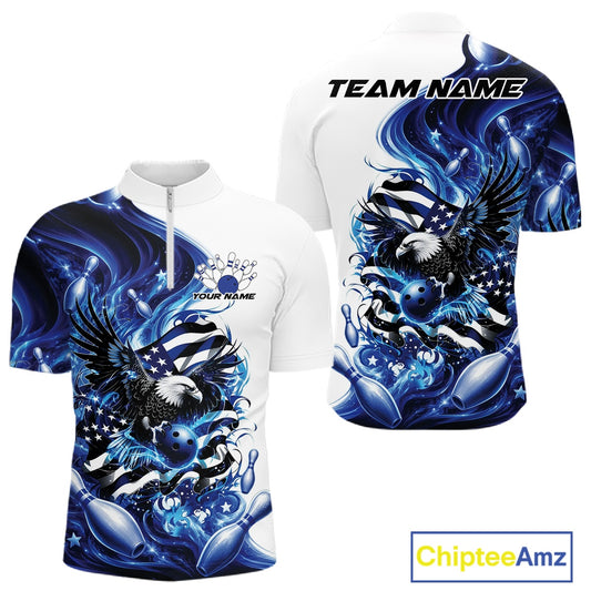 Front and back white and blue men’s bowling quarter zip shirt mockup featuring eagle graphics, bowling elements, and flowing flag inspired artwork.