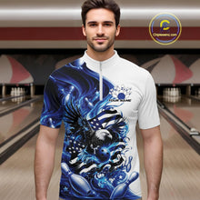 Load image into Gallery viewer, Front view male model in a bowling lane wearing a white and blue quarter zip shirt with eagle artwork, bowling elements, and flowing flag inspired graphics.