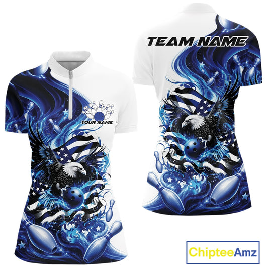 Front and back white and blue women’s bowling quarter zip mockup featuring eagle graphics, bowling elements, and flowing flag inspired artwork.