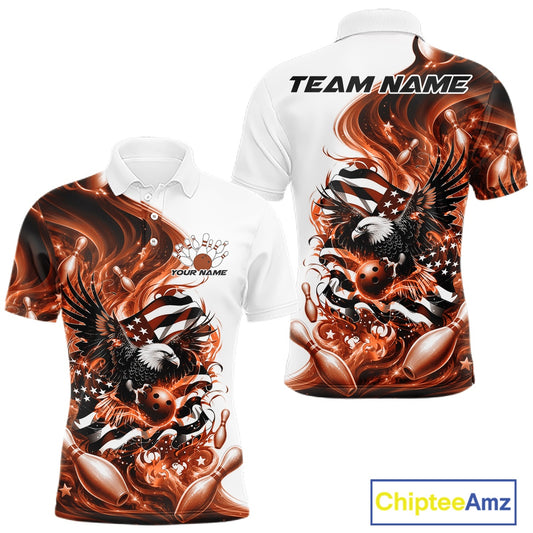 Front and back white and orange men’s bowling polo shirt mockup with eagle artwork, bowling elements, and flowing American flag inspired graphics.