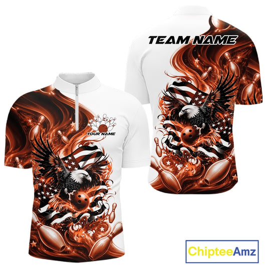Front and back white and orange men’s bowling quarter zip shirt mockup with eagle artwork, bowling elements, and flowing flag inspired graphics.
