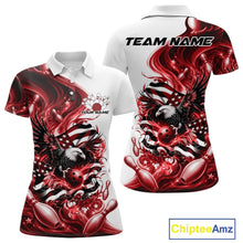 Load image into Gallery viewer, Front and back white and red women’s polo shirt mockup featuring eagle graphics, bowling elements, and flowing American flag inspired artwork.