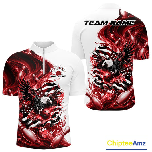 Front and back white and red men’s bowling quarter zip shirt mockup featuring eagle artwork, bowling elements, and flowing flag inspired accents.