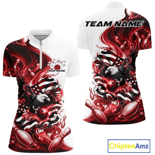 Front and back white and red women’s bowling quarter zip mockup featuring eagle artwork, bowling elements, and flowing flag inspired graphics.