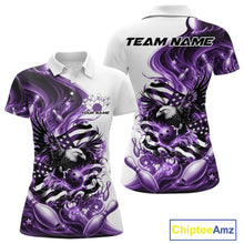 Load image into Gallery viewer, Front and back white and purple women’s polo shirt mockup with eagle graphics, bowling elements, and flowing American flag inspired accents.