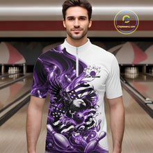 Load image into Gallery viewer, Front view of a male model in a bowling lane wearing a white and purple quarter zip shirt with eagle graphics and flowing flag inspired artwork.