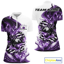 Load image into Gallery viewer, Front and back white and purple women’s bowling quarter zip mockup with eagle graphics, bowling elements, and flowing flag inspired artwork.