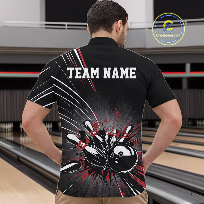 Custom Black And Red Grunge Bowling Team Jerseys, Men Bowling Quarter-Zip Shirts IPHW9620