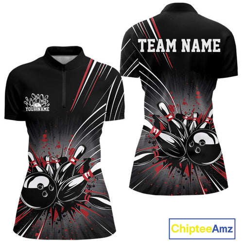 Custom Black And Red Grunge Bowling Team Jerseys, Women Bowling Quarter-Zip Shirts IPHW9620