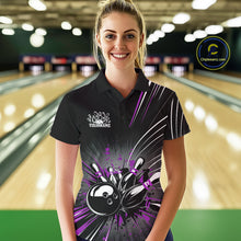 Load image into Gallery viewer, Custom Black And Purple Grunge Bowling Team Jerseys, Women Bowling Polo Shirts IPHW9622