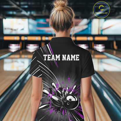 Custom Black And Purple Grunge Bowling Team Jerseys, Women Bowling Polo Shirts IPHW9622
