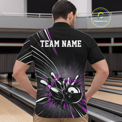 Custom Black And Purple Grunge Bowling Team Jerseys, Men Bowling Quarter-Zip Shirts IPHW9622