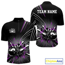 Load image into Gallery viewer, Custom Black And Purple Grunge Bowling Team Jerseys, Men Bowling Quarter-Zip Shirts IPHW9622
