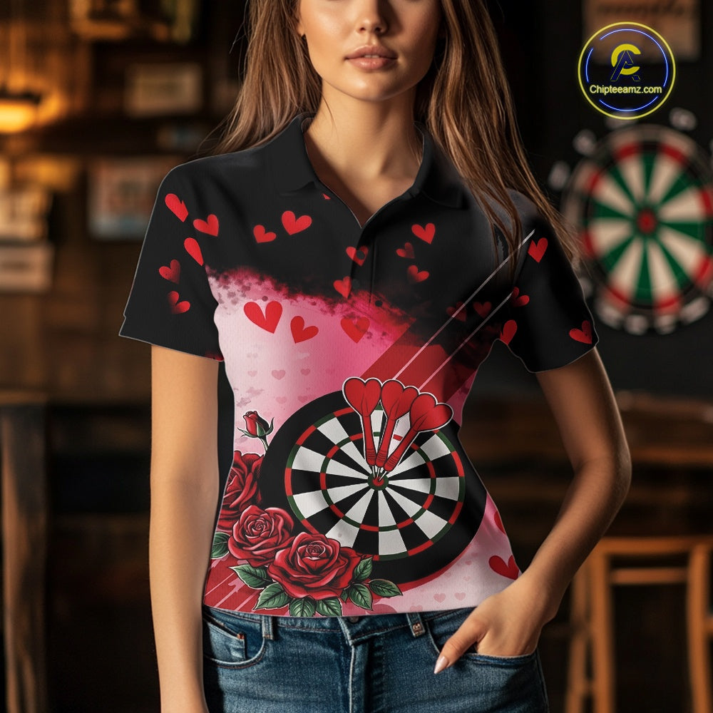 Custom Black And Red Heart Theme Valentine Dart Women Polo Shirt, Couple Dart Shirt IPHW10406