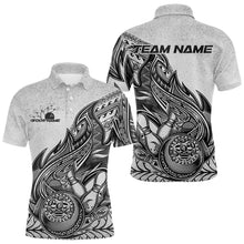 Load image into Gallery viewer, Custom Grunge Black And Gray Tribal Flame Polynesian Bowling Team Polo Shirts For Men IPHW8804