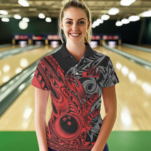 Load image into Gallery viewer, Custom Black And Red Flame Tribal Polynesian Bowling Women Polo Shirt, Bowling Team Uniform IPHW8807