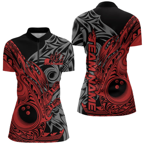 Custom Black And Red Flame Tribal Polynesian Bowling Women Quarter-Zip Shirts, Team Uniform IPHW8807