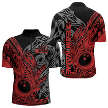 Load image into Gallery viewer, Custom Black And Red Flame Tribal Polynesian Bowling Men Quarter-Zip Shirts, Bowling Team Uniform IPHW8807