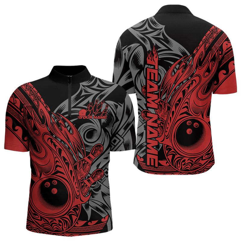 Custom Black And Red Flame Tribal Polynesian Bowling Men Quarter-Zip Shirts, Bowling Team Uniform IPHW8807