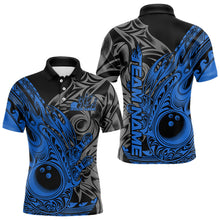 Load image into Gallery viewer, Custom Black And Blue Flame Tribal Polynesian Bowling Men Polo Shirts, Bowling Team Uniform IPHW8808