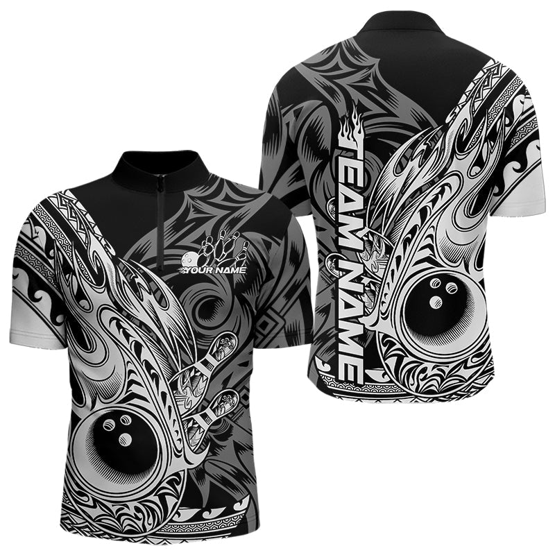 Custom Black And White Flame Tribal Polynesian Bowling Men Quarter-Zip Shirts, Bowling Team Uniform IPHW8809