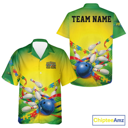 Button-up bowling shirt mockup featuring green and yellow shirt with autism puzzle bowling ball rolling into matching pins illustration