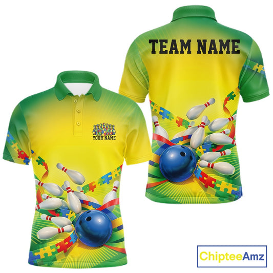 Men’s bowling polo shirt mockup front and back showing autism puzzle bowling ball and pins design in green and yellow color scheme