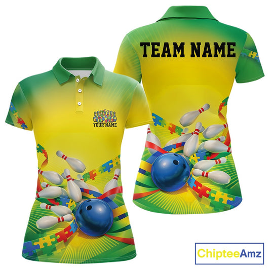 Women’s polo shirt mockup front and back featuring autism puzzle bowling ball and pins artwork in green and yellow color scheme