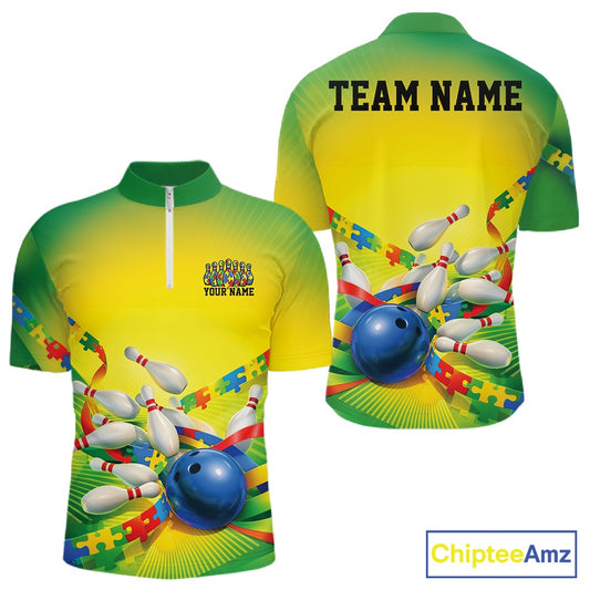 Front and back view of a men’s quarter-zip bowling shirt mockup in green and yellow, featuring autism puzzle bowling ball and pins design.