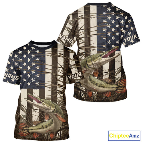 Custom Patriotic Vintage US Flag Alligator Gar Tournament Fishing T-Shirts IPHW9297