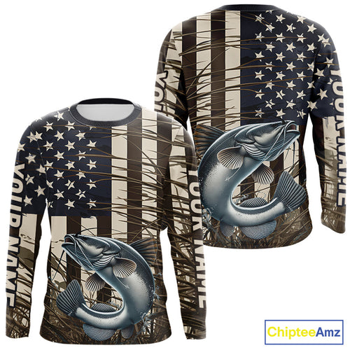 Custom Patriotic Vintage US Flag Catfish Long Sleeve Tournament Fishing Shirts IPHW9298