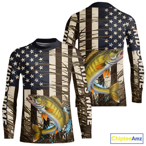 Custom Patriotic Vintage US Flag Walleye Kid Long Sleeve Tournament Fishing Shirts IPHW9299