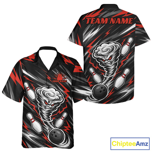 Custom Black And Red Storm Thunnder Lightning Bolts Bowling Team Men And Women Button Up Shirt IPHW11807