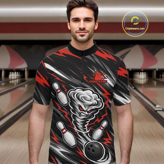 Custom Black And Red Storm Thunnder Lightning Bolts Bowling Team Men Quarter Zip Shirt IPHW11807