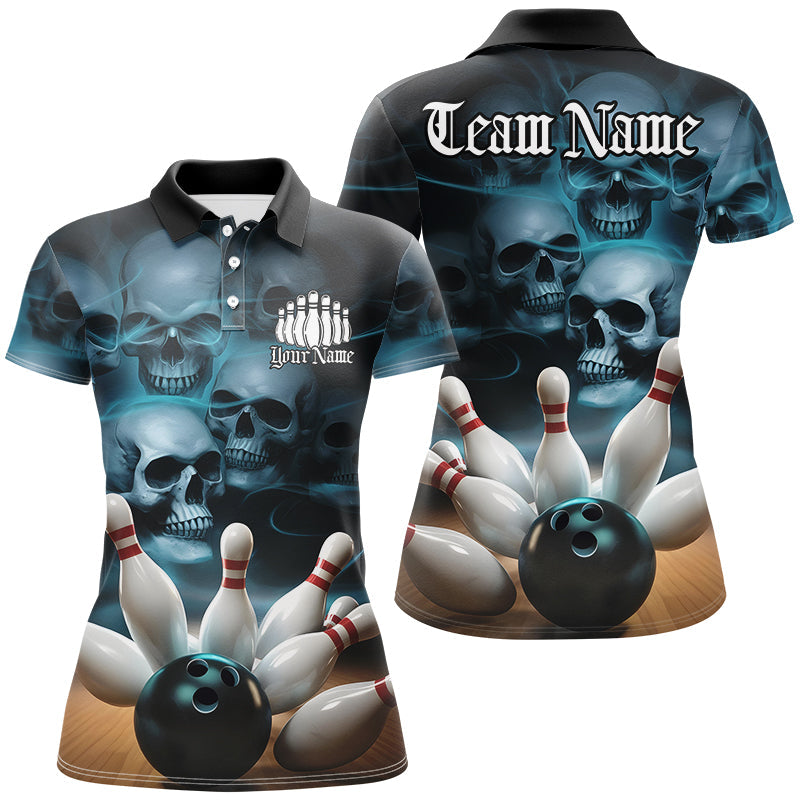 Black And Blue Custom Skull Ladies Bowling Shirts, Gothic Bowling Team Halloween Outfits IPHW7674