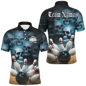 Black And Blue Custom Skull Bowling Shirts For Men, Gothic Bowling Team Shirt Halloween Outfits IPHW7674