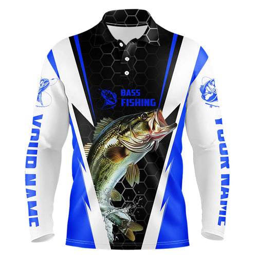 Personalized Bass Fishing Jerseys, Bass Fishing Long Sleeve Polo Fishing Tournament Shirts | Blue IPHW5726