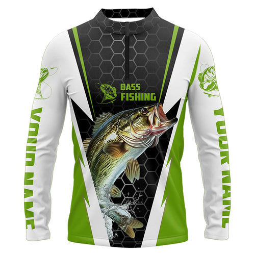 Custom Bass Fishing Jerseys, Bass Fishing Long Sleeve Quarter-Zip Fishing Tournament Shirts | Green IPHW5727