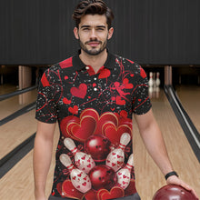 Load image into Gallery viewer, Black And Red Custom Valentines Day Bowling Polo Shirts For Men, Bowling Couple Shirt IPHW8327