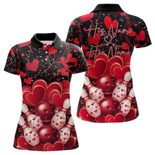 Load image into Gallery viewer, Black And Red Custom Valentines Day Bowling Polo Shirts For Women, Bowling Couple Shirt IPHW8327