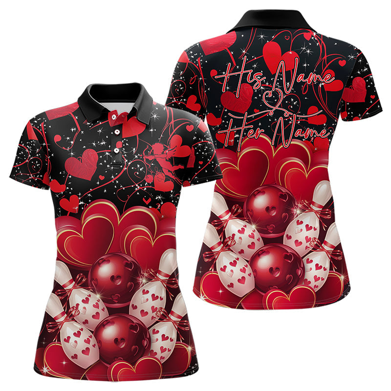 Black And Red Custom Valentines Day Bowling Polo Shirts For Women, Bowling Couple Shirt IPHW8327