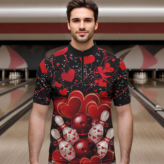Black And Red Custom Valentines Day Bowling Quarter-Zip Shirts For Men, Bowling Couple Shirt IPHW8327