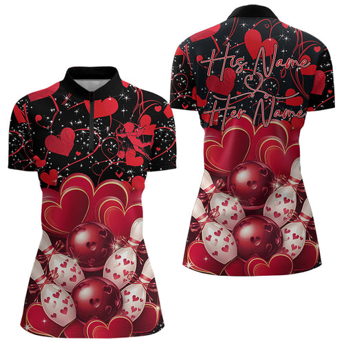 Black And Red Custom Valentines Day Bowling Womens Quarter-Zip Shirts, Bowling Couple Shirt IPHW8327