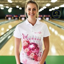 Load image into Gallery viewer, Custom Red And Pink Roses With Butterfly Bowling Polo Shirt For Women, Ladies Outfit IPHW10892