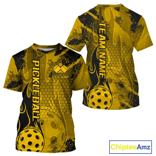 Black And Yellow Flame Custom Pickleball T-Shirts For Men, Team Pickleball Jerseys IPHW9300