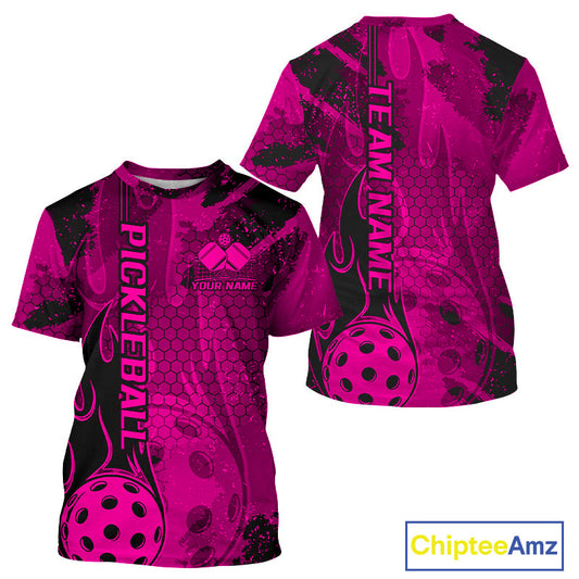 Black And Pink Flame Custom Pickleball T-Shirts For Men, Team Pickleball Jerseys IPHW9301