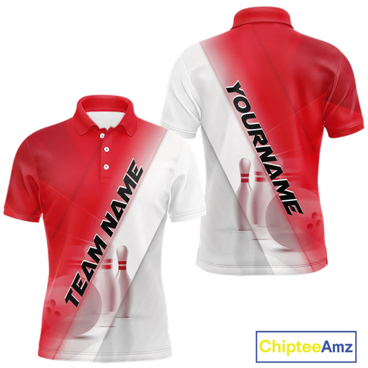 Front and back men’s bowling polo shirt mockup with bowling ball and pins artwork in a red and white diagonal layout.