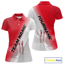 Load image into Gallery viewer, Front and back women’s polo shirt mockup with bowling ball and pins artwork incorporated into a red and white diagonal layout.